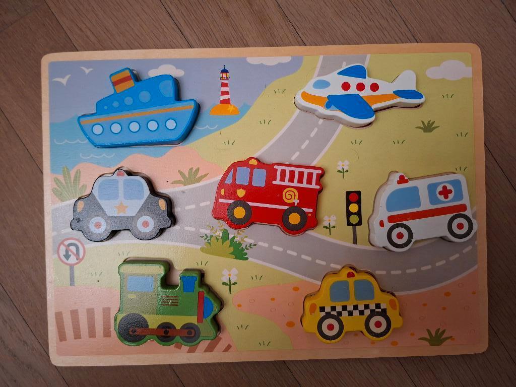 Houten puzzel thema voertuigen, Ophalen, Minder dan 10 stukjes, Gebruikt, 6 maanden tot 2 jaar