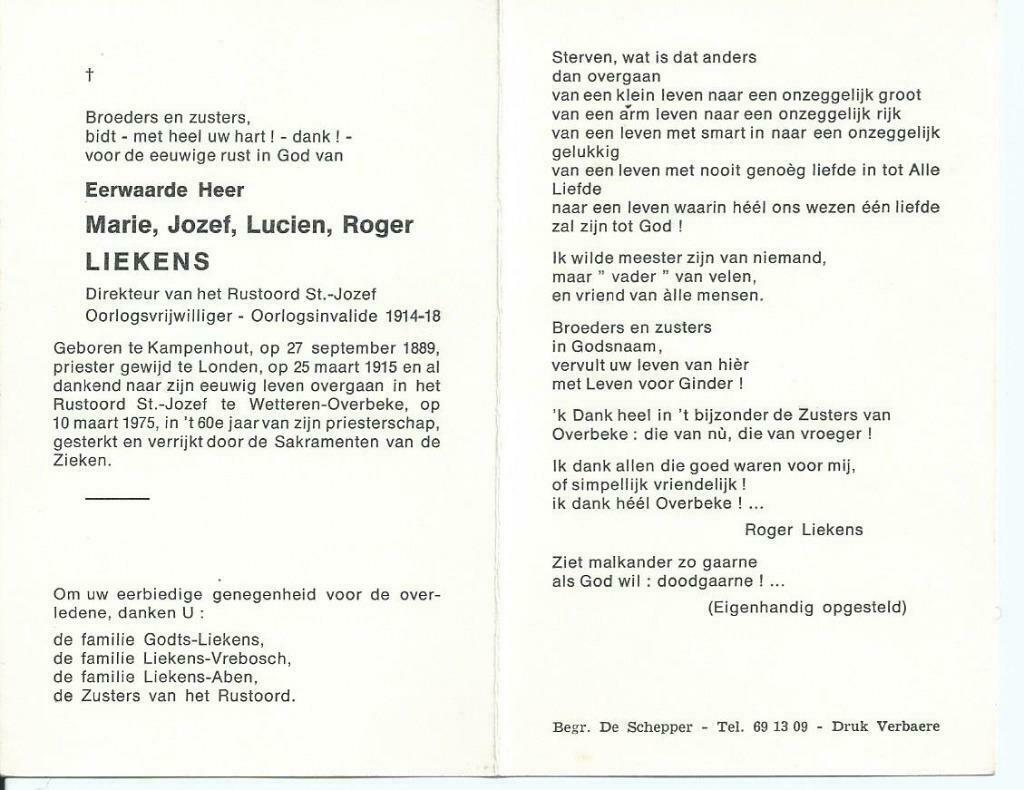 RP  EH Marie J.  Liekens vrijwilliger 14-18/ Dir. rusthuis, Verzenden, Rouwkaart