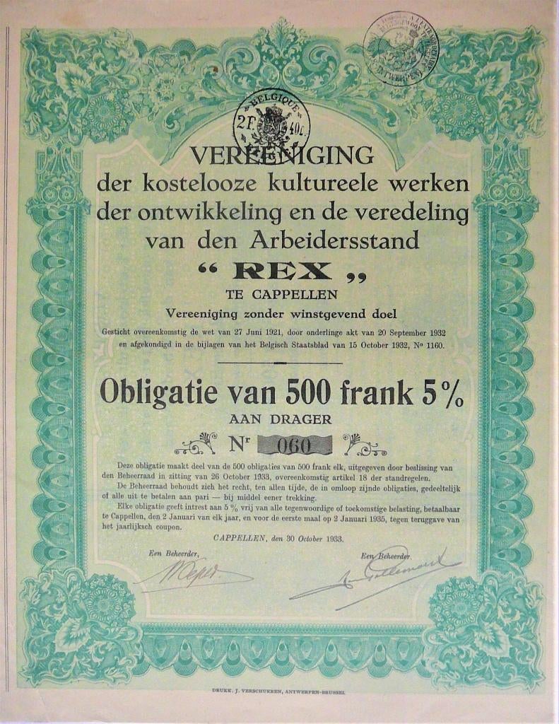 "REX"-obligatie  500 f 5% (Cappellen) - 1933, Postzegels en Munten, Aandelen en Waardepapieren, Obligatie of Lening, 1920 tot 1950