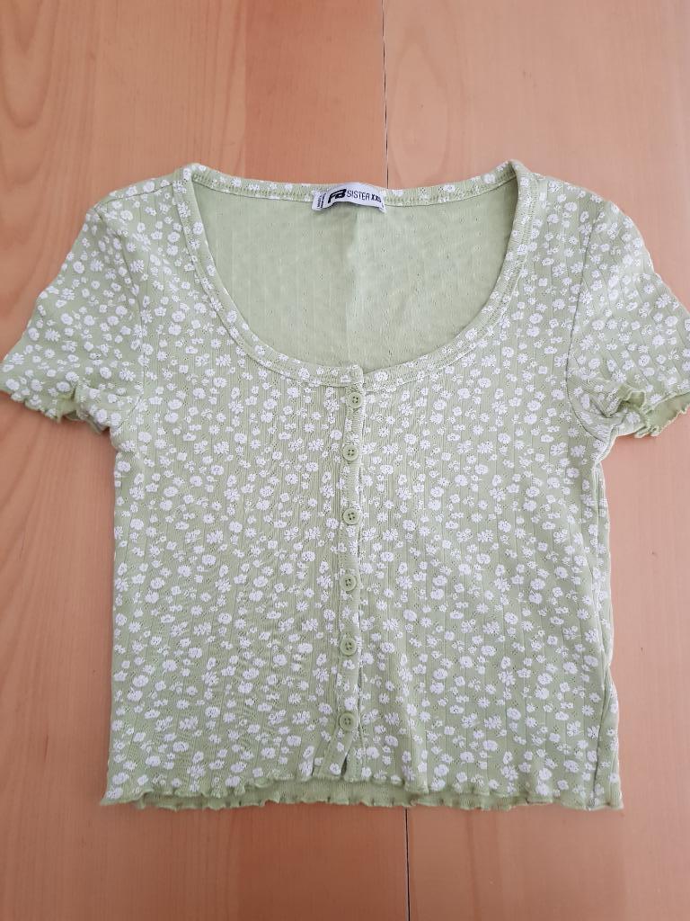 Groene Crop-top met gedrukte bloemen Maat xxs, Kleding | Dames, Ophalen of Verzenden, Zo goed als nieuw, Korte mouw, Groen