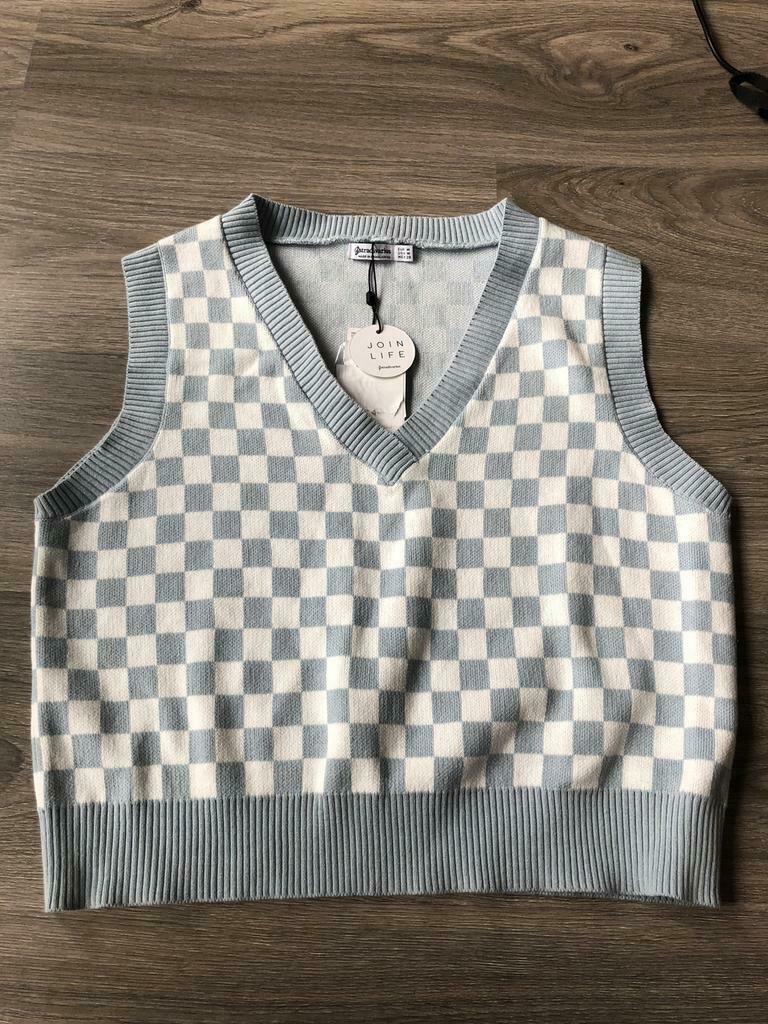 Geruit Gilet Stradivarius M **Nieuw**, Neuf, Taille 38/40 (M), Enlèvement ou Envoi, Blanc