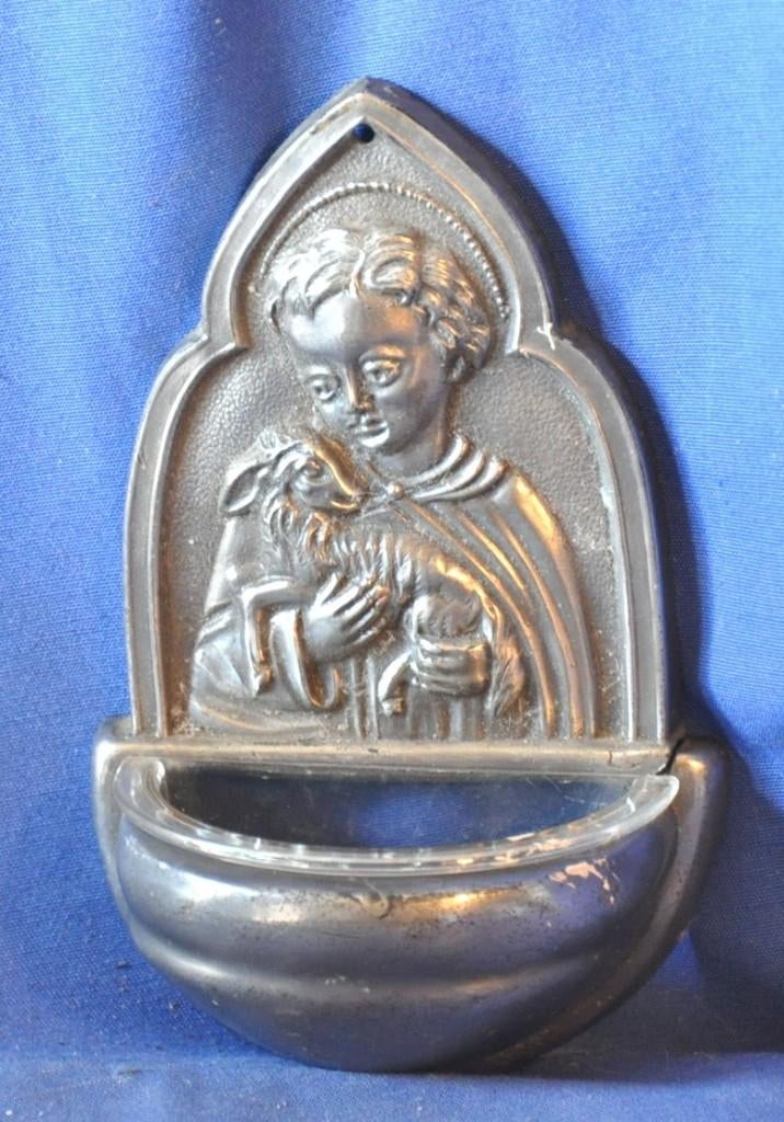 benitier style etain allemand motif agneau pascal, Collections, Enlèvement ou Envoi, Utilisé, Autres types, Christianisme | Catholique