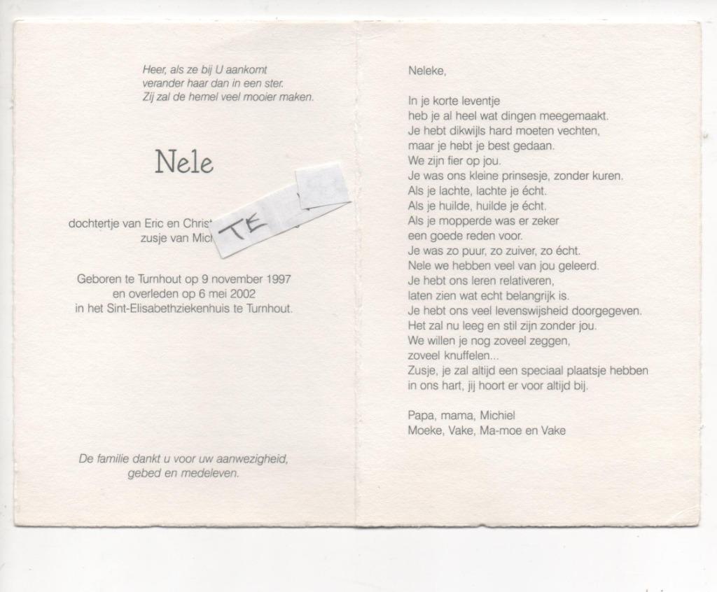 overleden kind nele smets, Verzamelen, Bidprentjes en Rouwkaarten, Verzenden, Bidprentje