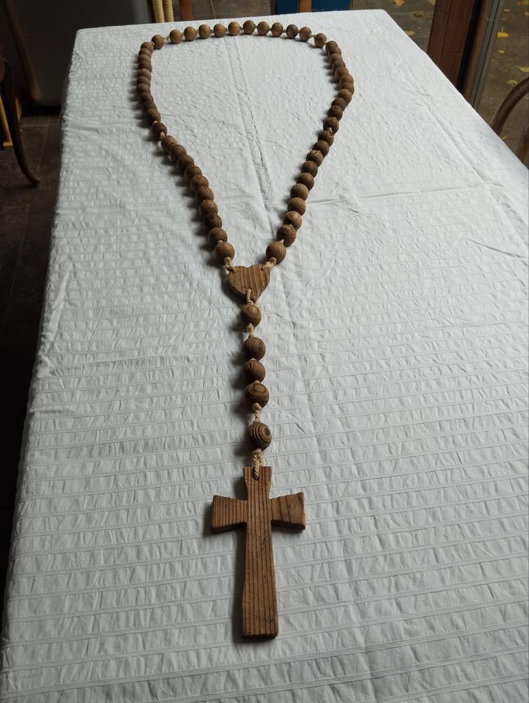 Paternoster XXL met houten kralen en kruis, Antiek en Kunst, Ophalen of Verzenden