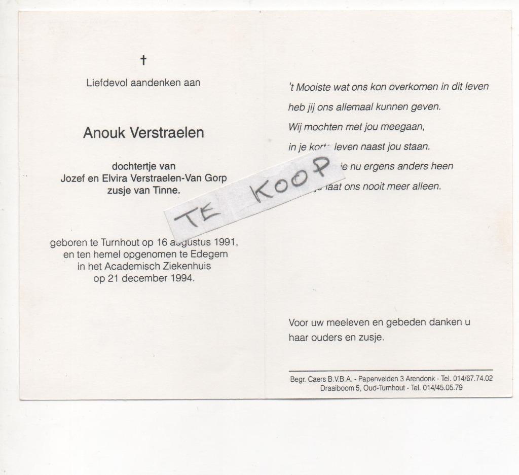overleden kind anouk verstraelen, Verzamelen, Bidprentjes en Rouwkaarten, Verzenden, Bidprentje