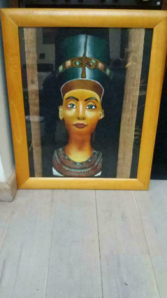 Schilderij op papyrus-koningin Nefertiti- ingekaderd, Antiek en Kunst, Ophalen