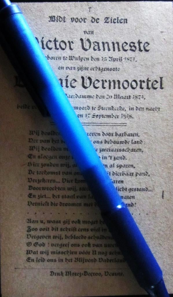 DOODSPRENTJE OORLOG- VICTOR VANESTE- EUGENIE VERMOORTEL, Ophalen of Verzenden