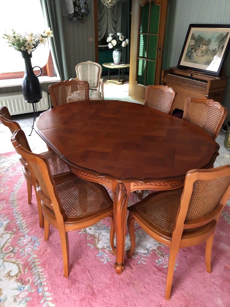 Tafel met 6 stoelen en wandmeubel in kerselaar, Ophalen, Gebruikt, Klassiek, 4 tot 6 stoelen