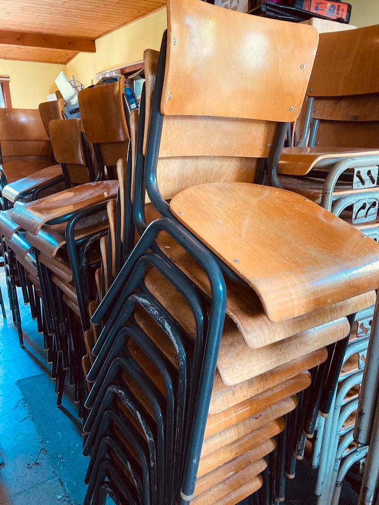 Vintage houten schoolstoelen en stapelstoelen veel keuze, Ophalen