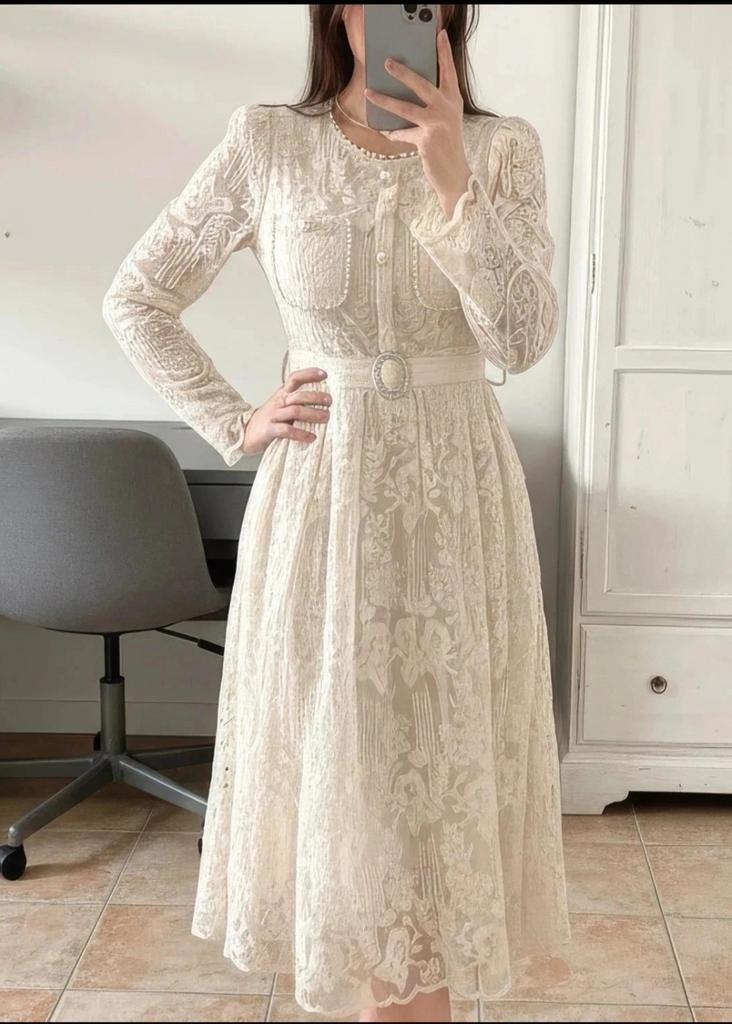 Beige crèmekleurige lange jurk met kant vintage bohemien sti, Nieuw, Maat 36 (S), Beige