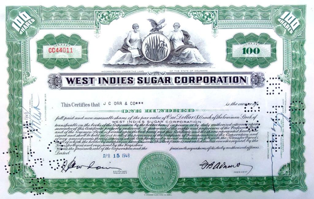 West Indies Sugar Corporation 1948, Postzegels en Munten, Ophalen of Verzenden, 1920 tot 1950, Certificaat van aandeel