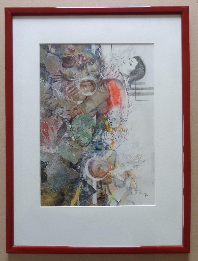 ROGER VAN BELLEGHEM / COMPOSITIE / ORIGINEEL / 45x34cm KADER, Antiek en Kunst, Kunst | Schilderijen | Modern, Figuren, Glas, Ophalen of Verzenden