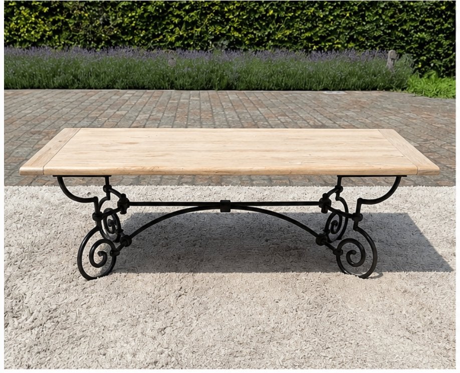 Salontafel met massief eiken blad & smeedijzeren onderstel, 100 à 150 cm, Landelijk, Enlèvement, Utilisé
