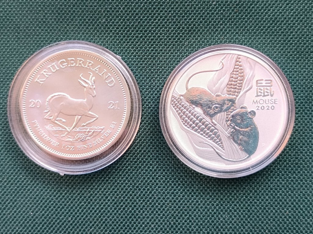 Krugerrand 2021 en Lunar Mouse 2020 - 1oz zilveren munten, Postzegels en Munten, Munten | Oceanië, Ophalen of Verzenden, Losse munt