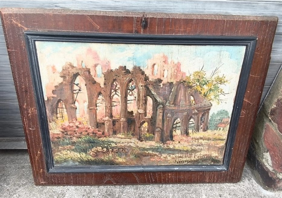 Huile sur panneau ruines d église nieuport 1917, Antiek en Kunst, Kunst | Schilderijen | Klassiek, Paneel, Ophalen of Verzenden