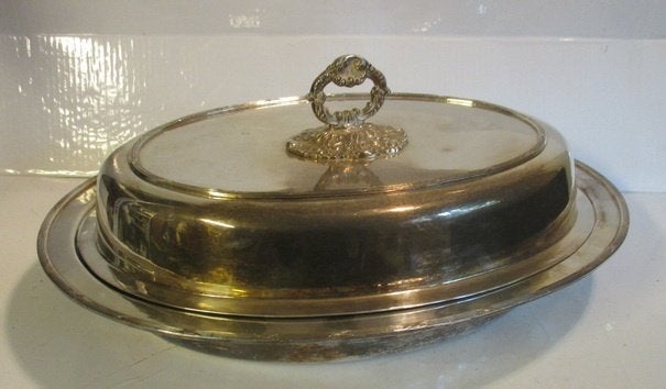 antieke silver plated schotel met deksel ruban croisée, Ophalen