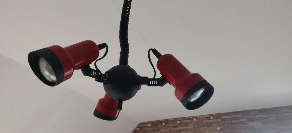 VINTAGE: hanglamp in zwart en rood met 3 spots, Enlèvement, Utilisé, Vintage