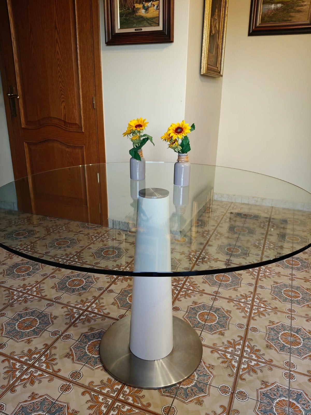 prachtige ronde vintage tafel met glazen blad, Ophalen