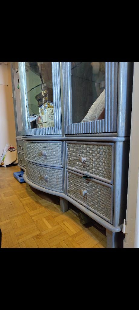 Blauwe vitrinekast, Huis en Inrichting, Ophalen, Gebruikt, Met deur(en), 150 tot 200 cm