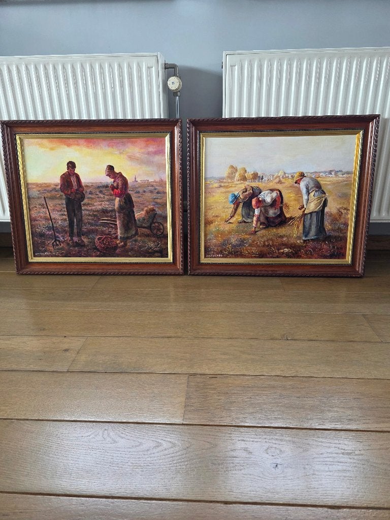 Set van 2 Schilderijen – "Het Angelus" & "De Arenleessters", Antiquités & Art, Enlèvement, Classique, Cadre spécial