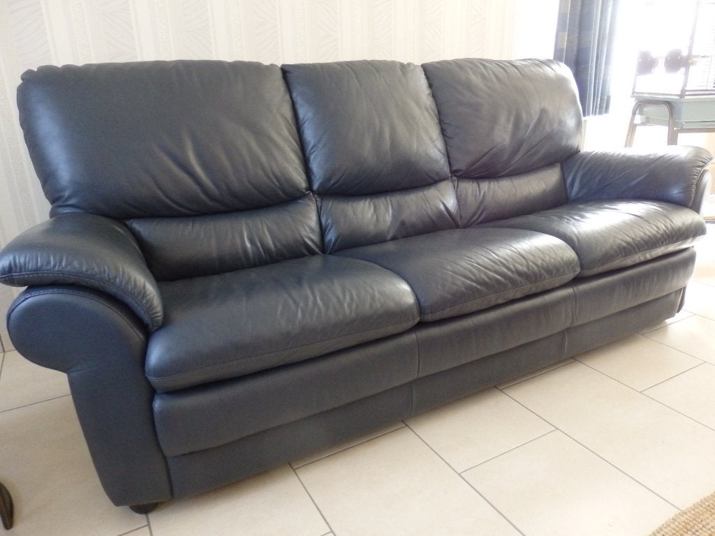 Lederen salon donkerblauw 3-2-1 zit, Huis en Inrichting, Ophalen, Gebruikt, Leer, Hedendaags