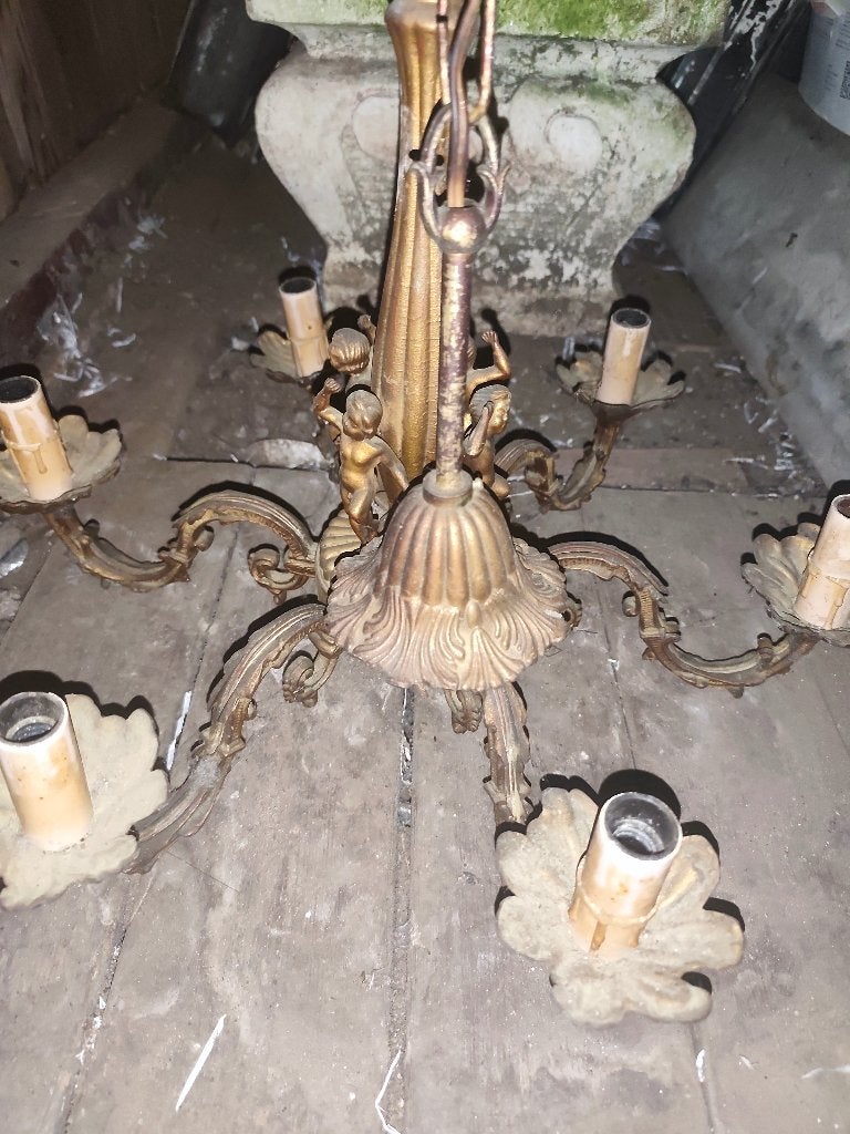 Antieke zware kroonluchter met cherubijnen – messing/brons –, Antiek en Kunst, Ophalen