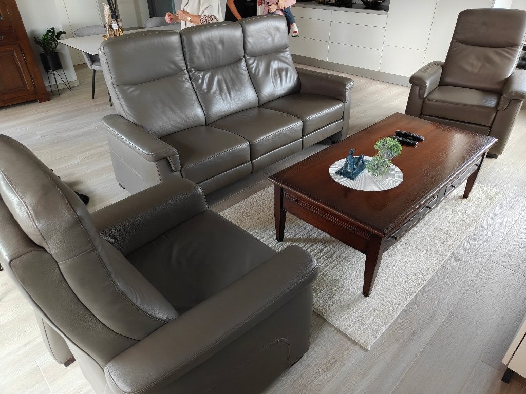 Lederen zetel 3-zit met 3 relax + 2 fauteuil, Ophalen, Leer, Zo goed als nieuw, Rechte bank