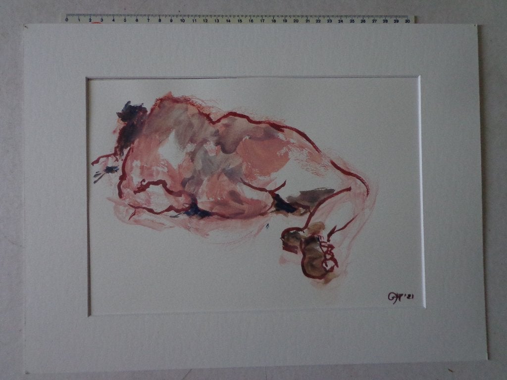 kleurrijke aquarel met liggende naakte vrouw monogram GH, Antiek en Kunst, Kunst | Schilderijen | Modern, Passe-partout, Aquarel