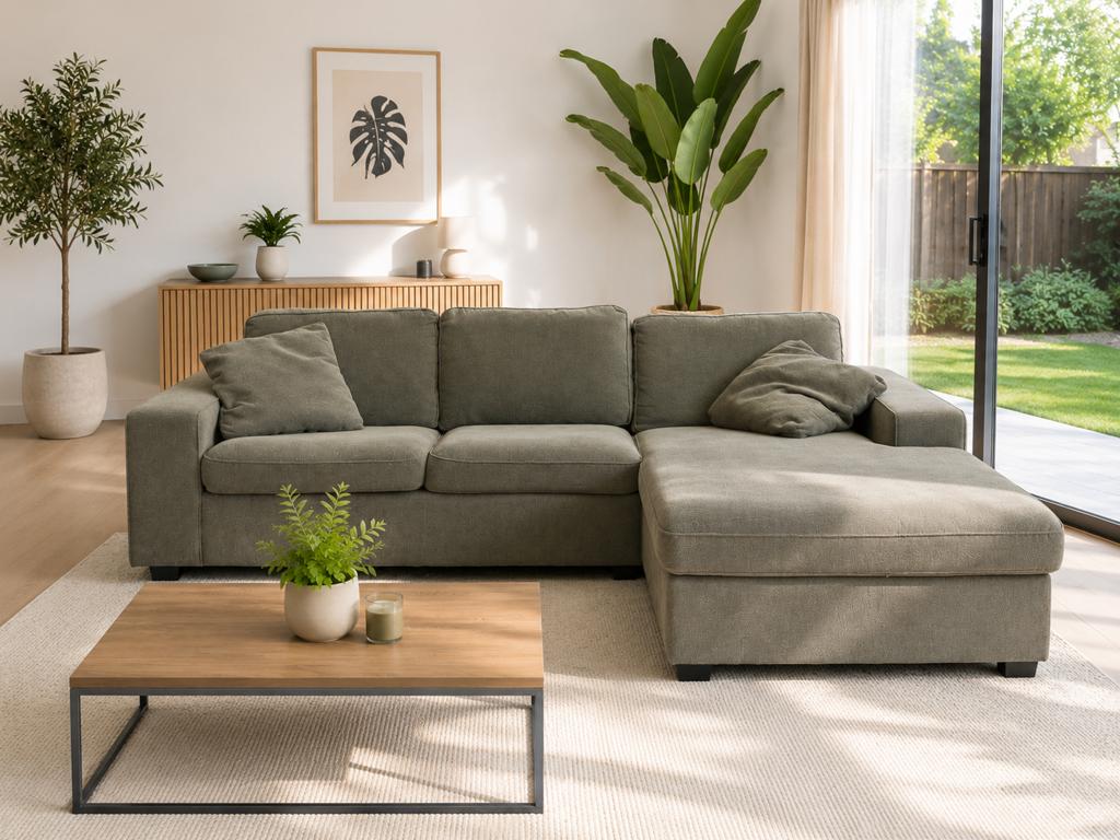 Moderne hoekzetel met longchair – 285 cm – gereinigd., Huis en Inrichting, Zetels | Zetels, 250 tot 300 cm, Hoekbank, Driepersoons