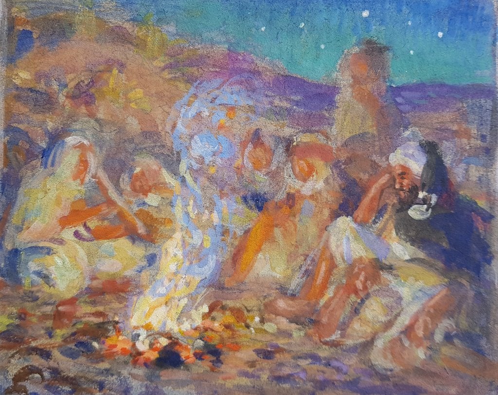 Tableau orientaliste - Etienne DINET - Feu de camp, Antiquités & Art, Envoi