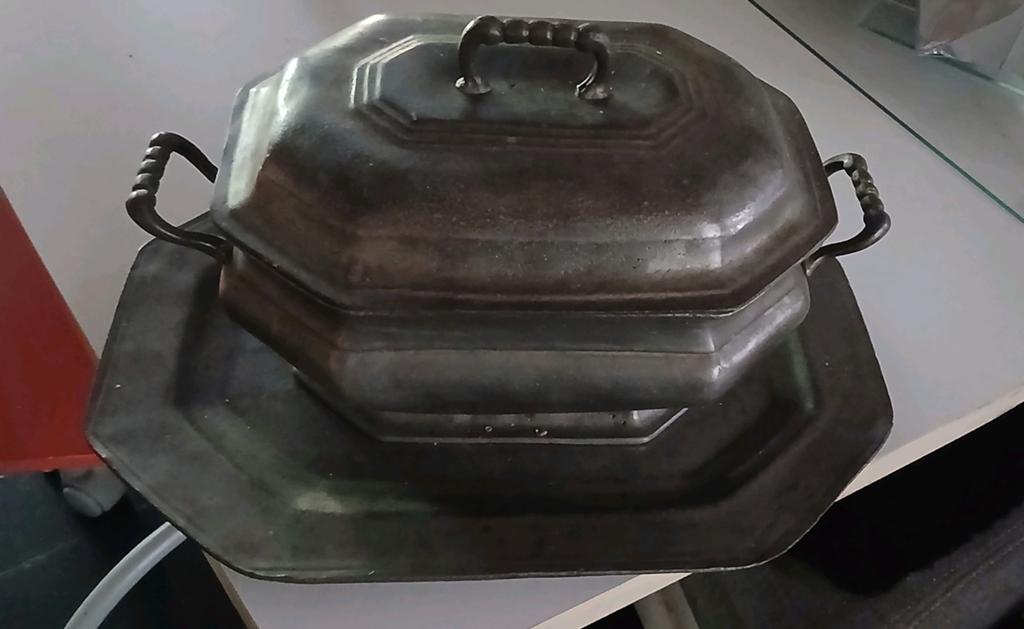 Tinnen soepterrine met onderbord (E.P.U. gekeurd)", Antiek en Kunst, Ophalen of Verzenden