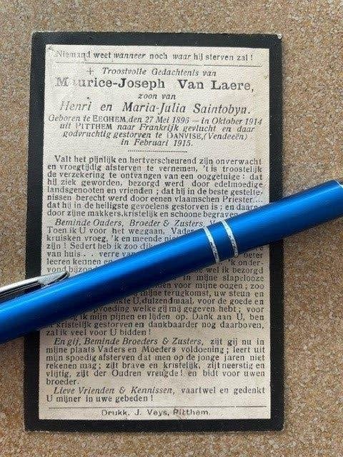 14-18 Vluchteling Van LaereEgem en gestorven Danvise/Vendée, Verzamelen, Bidprentjes en Rouwkaarten, Ophalen of Verzenden, Bidprentje