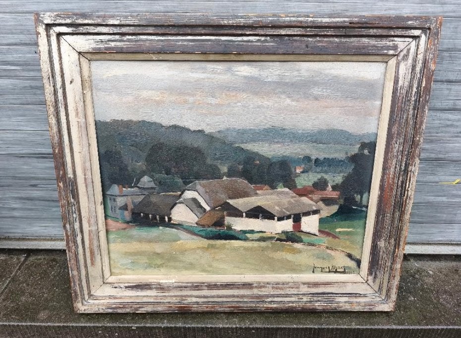 Huile sur panneau paysage signe jacques maes, Antiquités & Art, Enlèvement ou Envoi, Paysage, Panneau