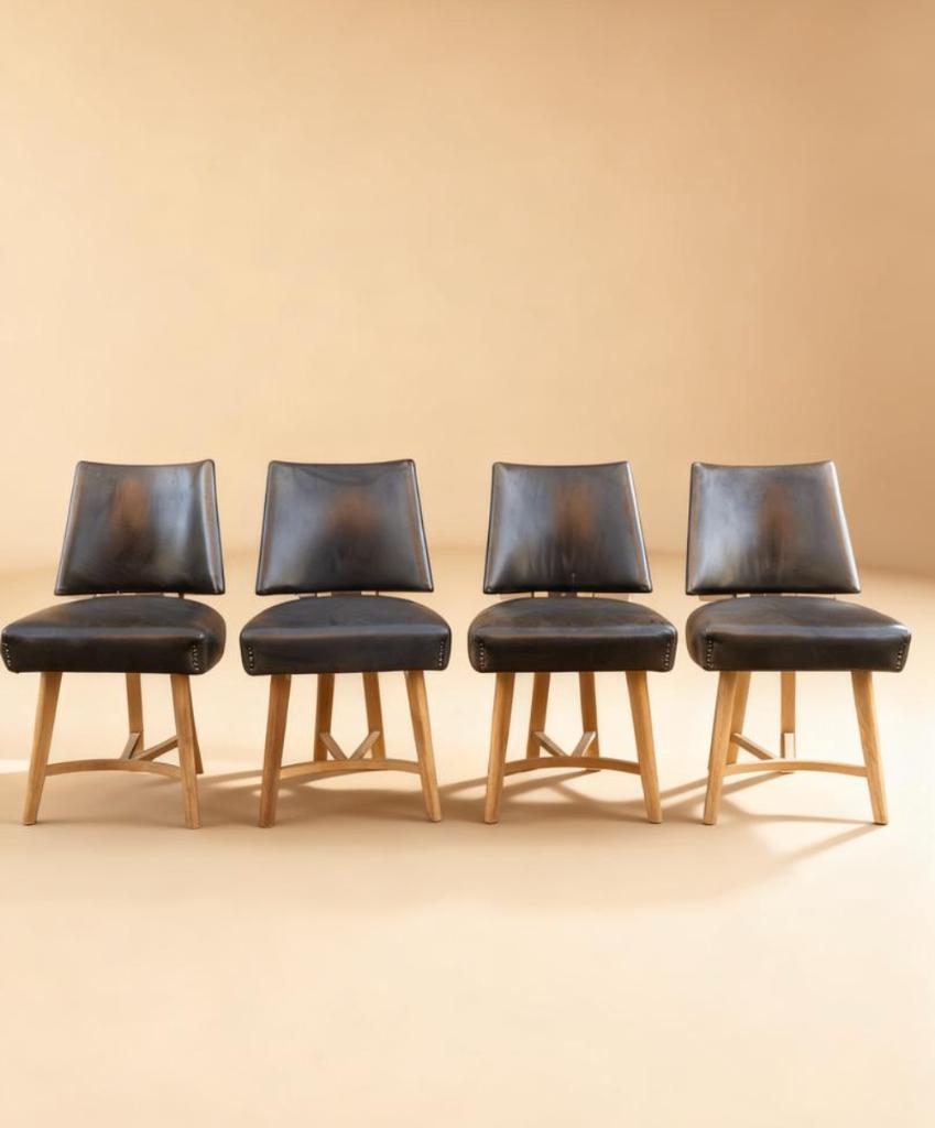 Set van 4 eiken stoelen, België, 1958., Ophalen, Gebruikt, Leer