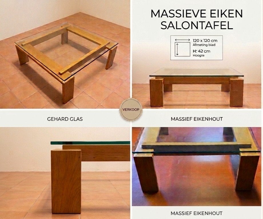 Robuuste Massief Eiken Salontafel met Glas, Huis en Inrichting, Tafels | Salontafels, Ophalen, Vierkant, 5 – 50, 100 tot 150 cm
