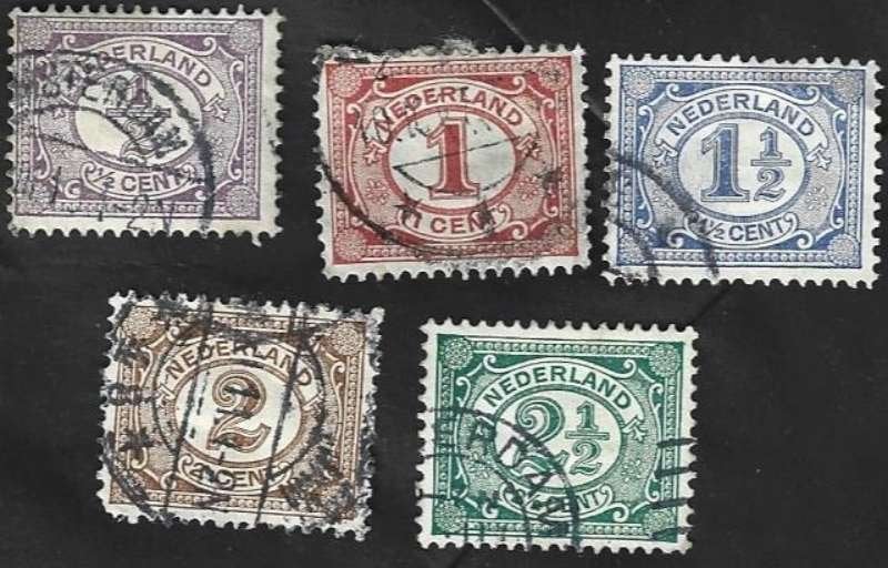 5 Postzegels Nederland 1899 Cijfer type 'Vürtheim', Ophalen of Verzenden, T/m 1940, Gestempeld