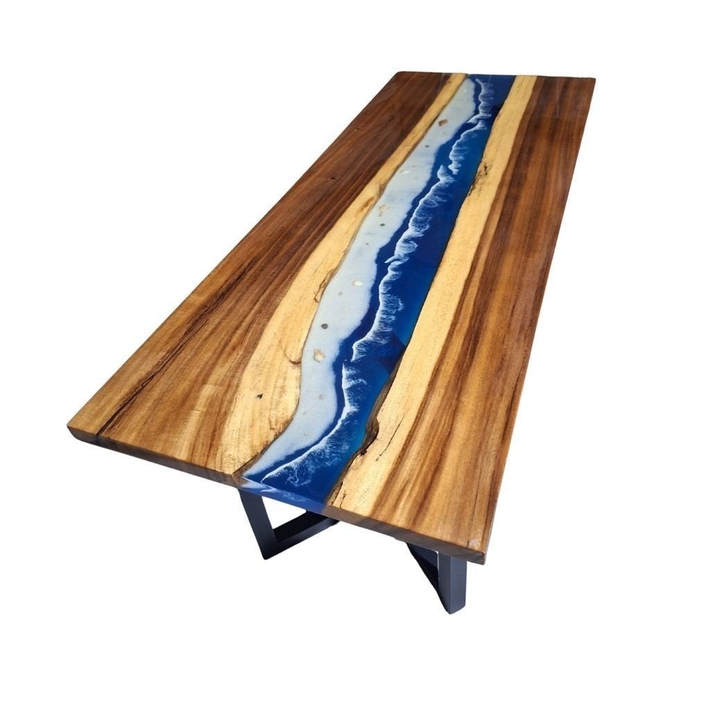 Rivier Tafel - 200x80cm - Epoxy en Notenhout - Zee en strand, Enlèvement, Neuf