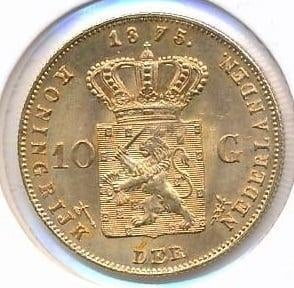 Nederland gouden tientje 1875 Willem 3 (met volle 7), Postzegels en Munten, Ophalen of Verzenden, Goud