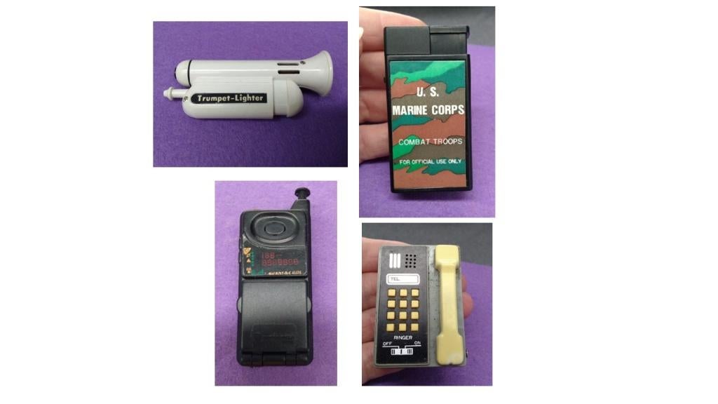 4 briquets:trompette/U.S.marine /sonnerie de téléphone/GSM, Enlèvement ou Envoi, Utilisé