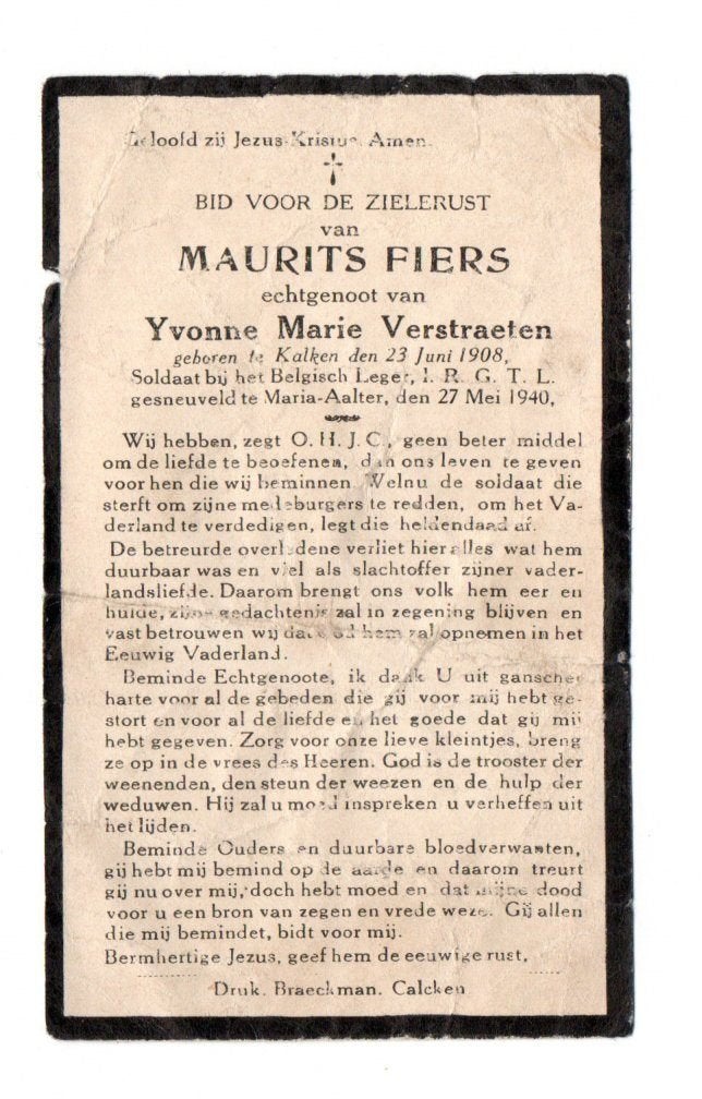 doodsprentje soldaat 1e DTCA Kalken + Maria Aalter mei 1940, Ophalen of Verzenden, Landmacht, Foto of Poster