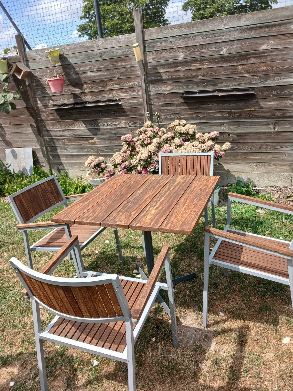 Teak terras tafel met 4 stoelen herbeitst, Enlèvement