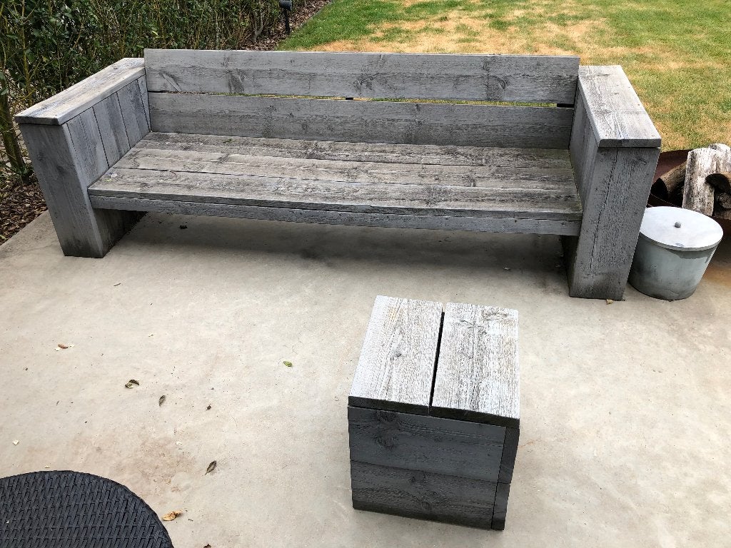 Tuinbank en tuintafeltje in steigerhout, Ophalen, Gebruikt, Hout