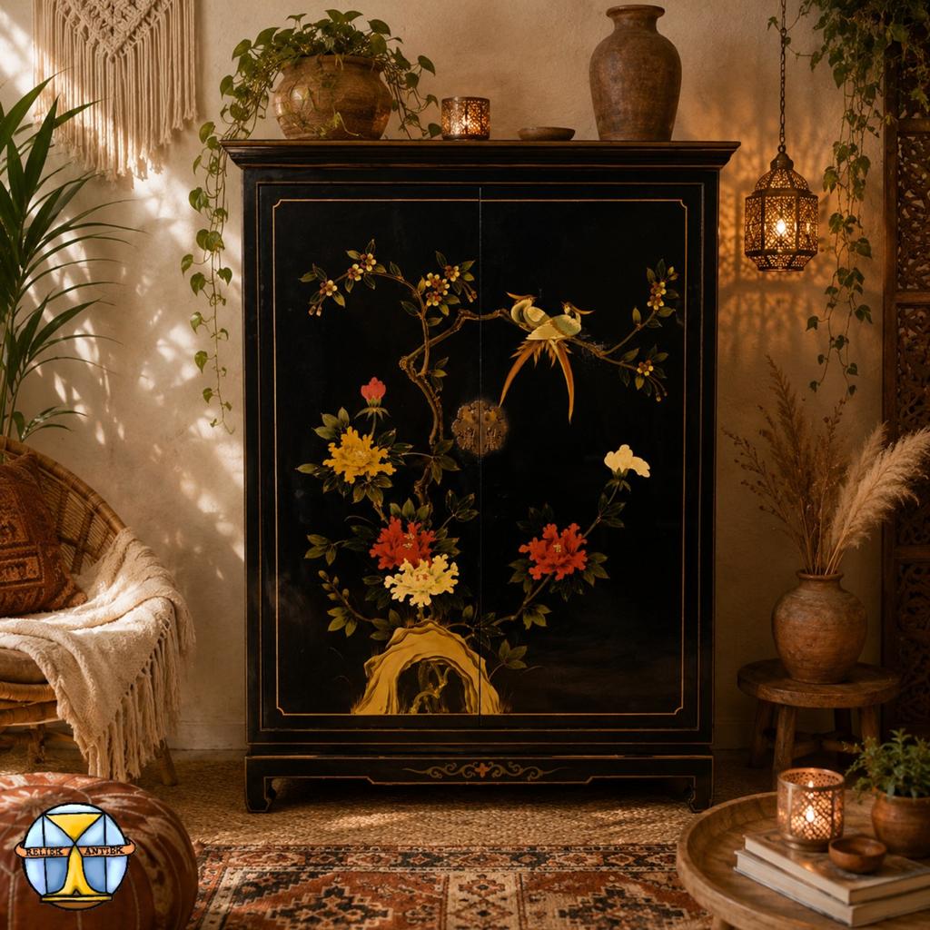 Vintage Chinese zwarte lakkast vogels en bloemen bohemian, Ophalen of Verzenden