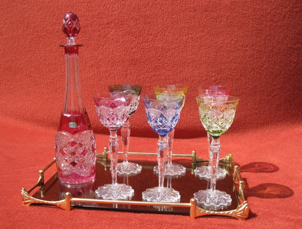 Verrept serveerblad + glazen + karaf Val Saint Lambert., Antiek en Kunst, Ophalen