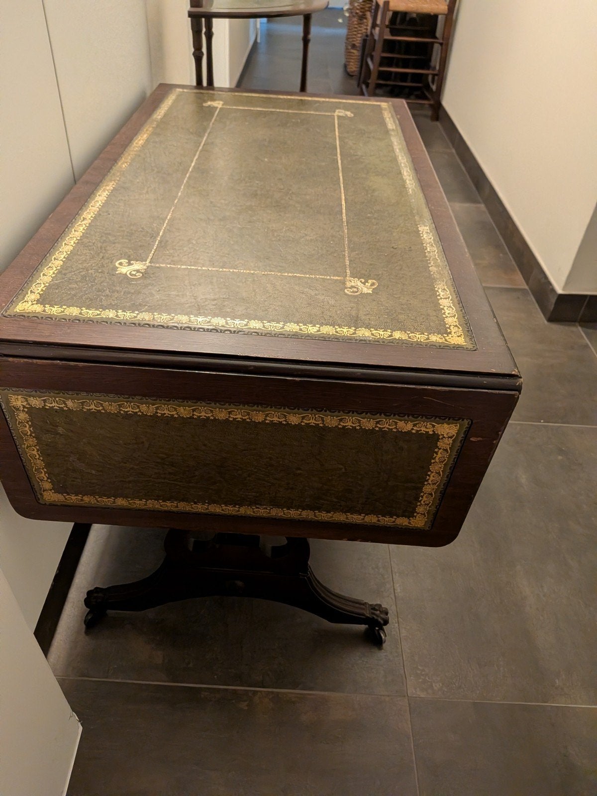 Engelse salontafel, uitklapbaar,  groen leer, maqueterie, Huis en Inrichting, Ophalen