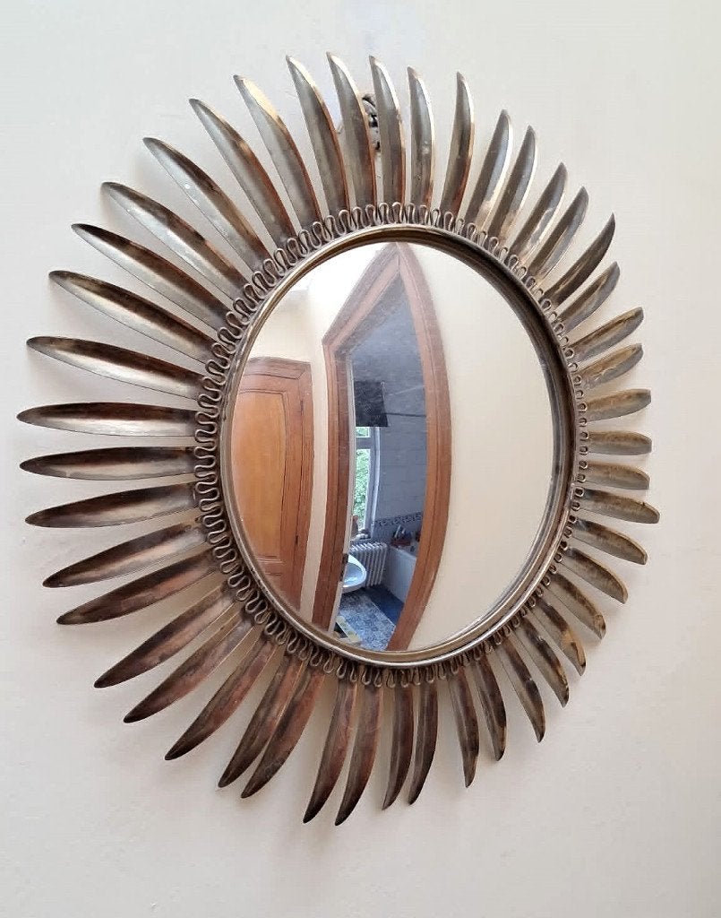 Ancien miroir soleil “œil de sorcière” bombé, Antiquités & Art, Enlèvement, Rond, 50 à 100 cm, Moins de 100 cm