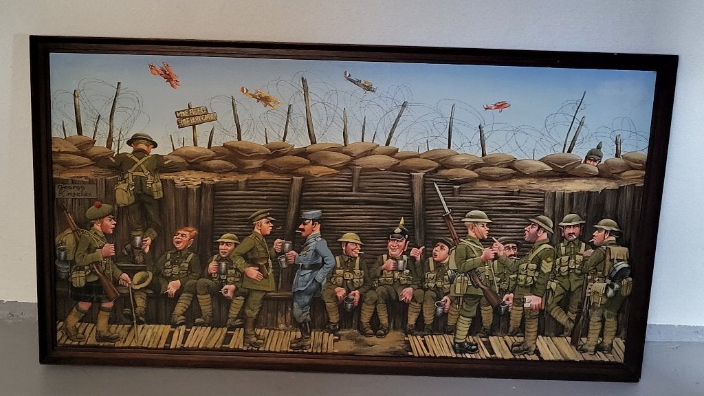Schilderij Loopgraven Wereldoorlog 1, Antiek en Kunst, Ophalen, Doek, Olieverf, Overige onderwerpen