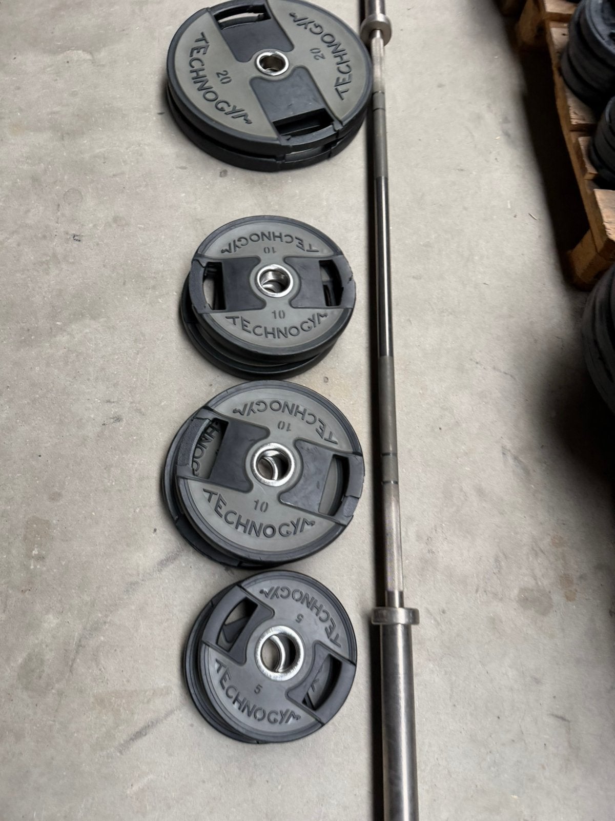 90kg Technogym Gewichten + Olympische Barbell, Sport en Fitness, Ophalen, Gebruikt, Halterschijven