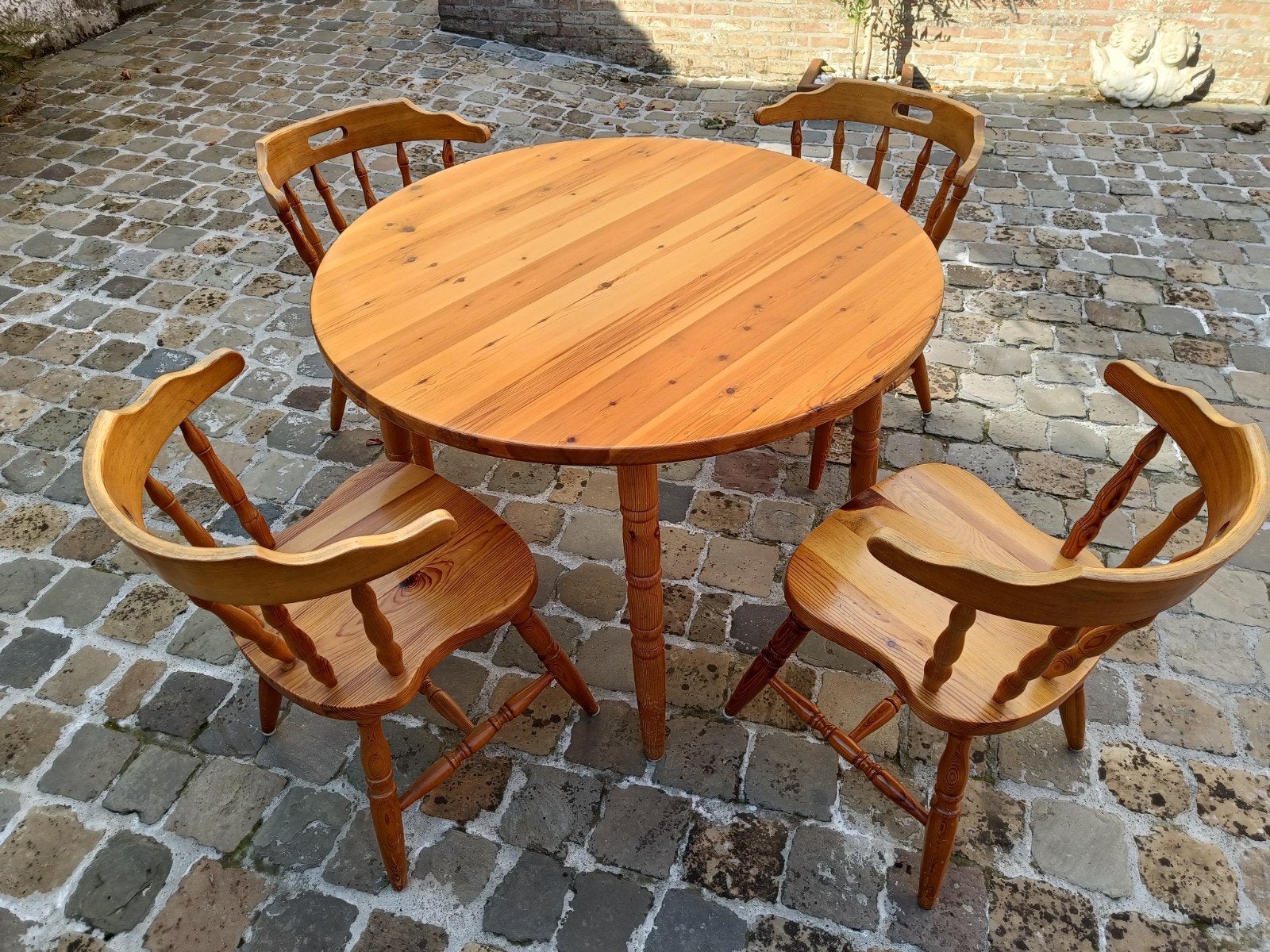 Table ronde + 4 chaises en bois massif, Maison & Meubles, 100 à 150 cm, Rond, 100 à 150 cm, Enlèvement