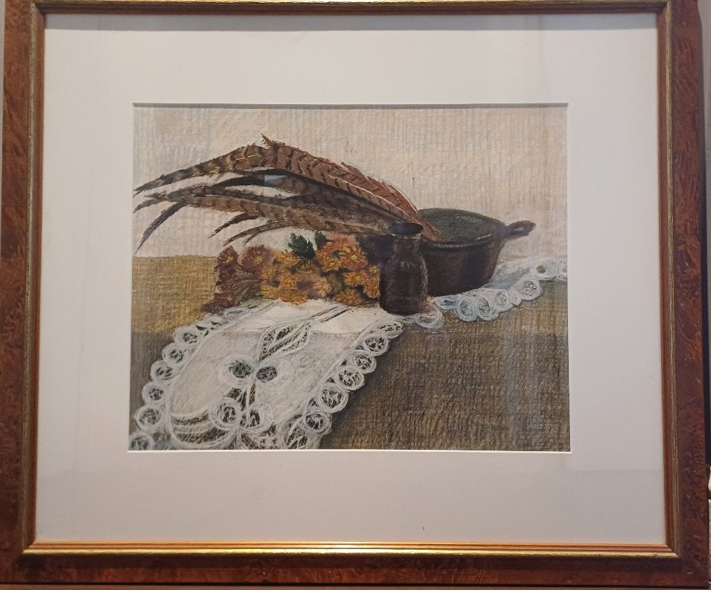 Schilderij in pastelkrijt, lijst in notenhout., Antiquités & Art, Enlèvement, Verre, Passe-partout, Nature morte